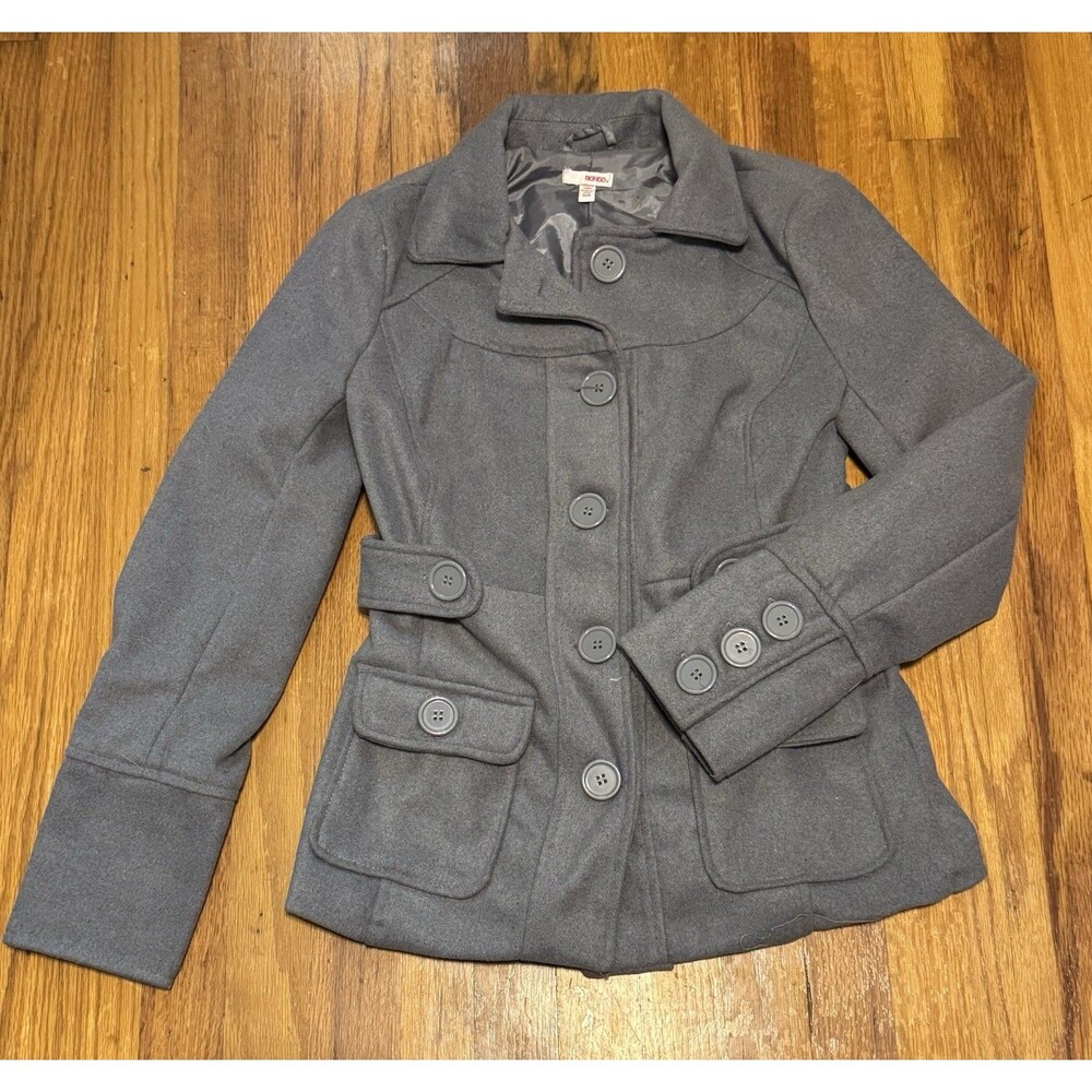 Bongo Womens Small Gray Peacoat Jacket Fitted Button Front Y2K Military Style